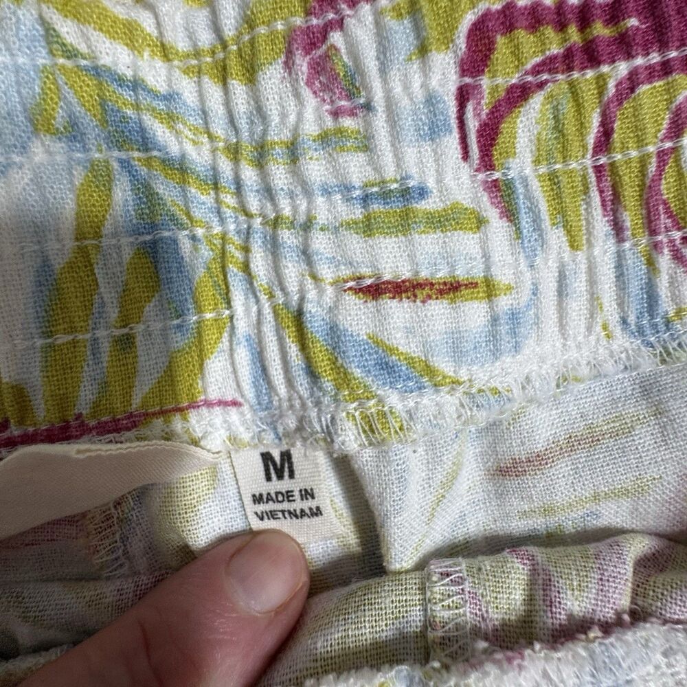 * LAND N SEA Linen Blend Pull On Pants Blue FLORAL Crop Elastic Waist Women's M - Picture 5 of 10